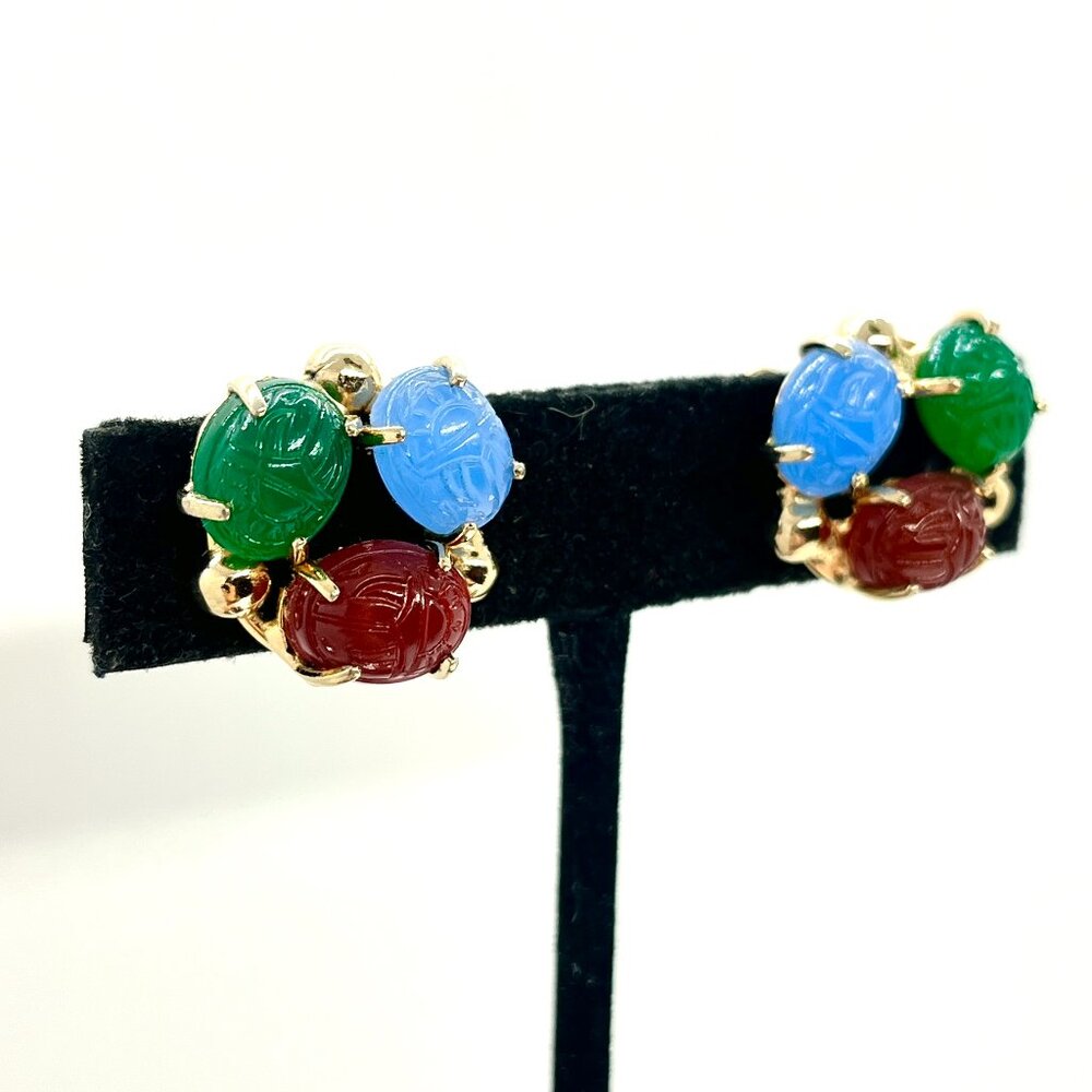 Vintage GLASS SCARAB Earrings Egyptian Revival Gold Tone Screwback - Picture 3 of 13